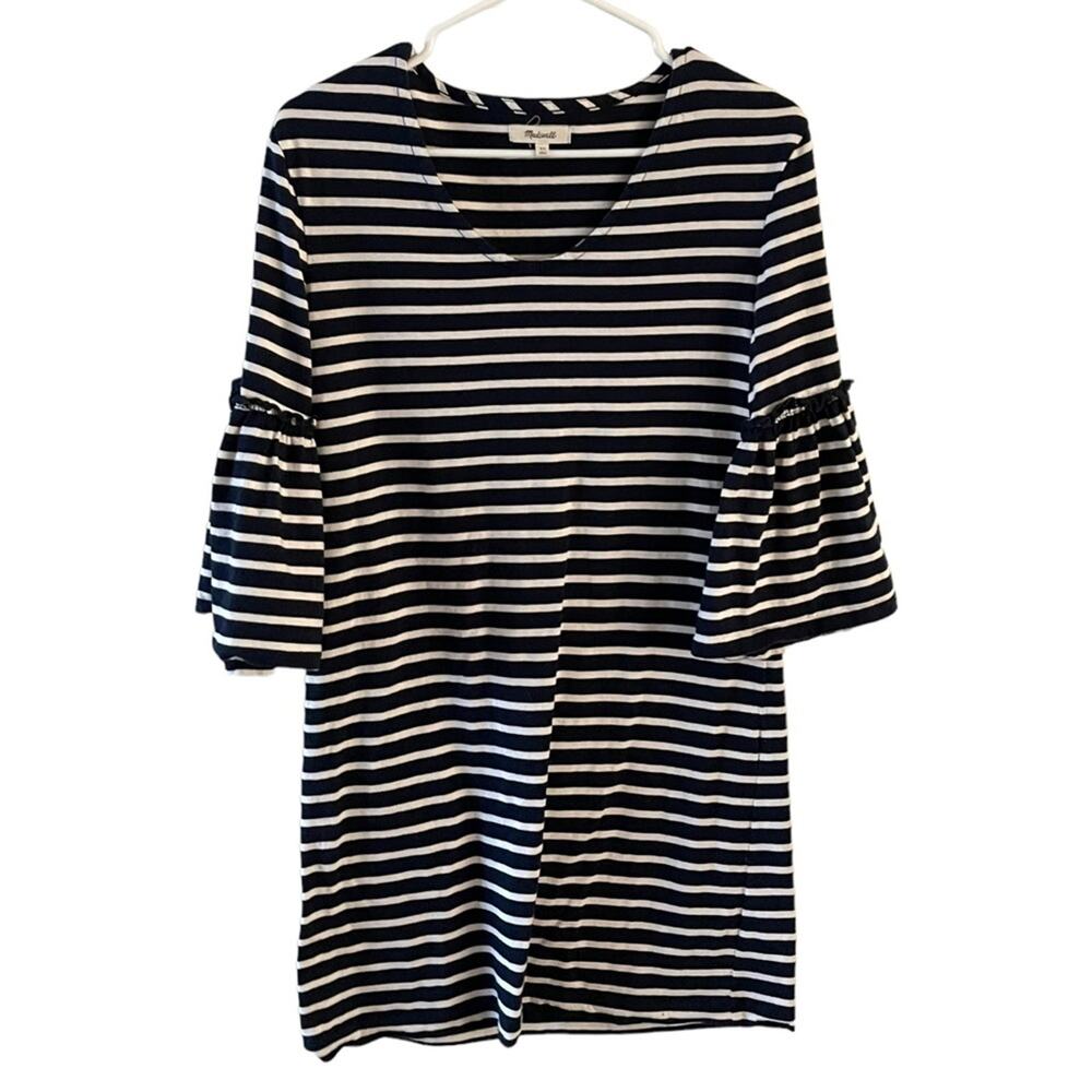 Madewell Striped Dress Womens XS Blue White Bell Sleeves Nautical Coastal L2416